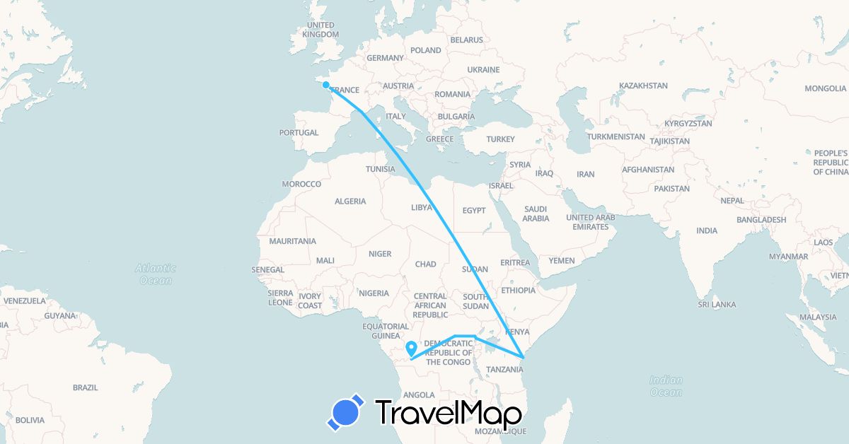 TravelMap itinerary: boat in Democratic Republic of the Congo, France, Kenya (Africa, Europe)